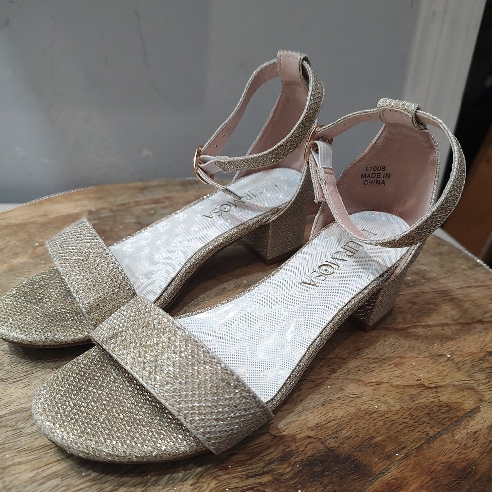 Laurmosa Strappy Gold Rhinestones‎ Kitten Heels Ankle Strap Casual Sz 13 Girls